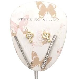 Double Pair Round Pave CZ Gold Plated .925 Cross Stud Bar Earring Pin